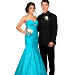 Mori Lee Strapless Ball Gown 3/4 Blue Sweetheart Neckline Sparkly Mermaid Corset